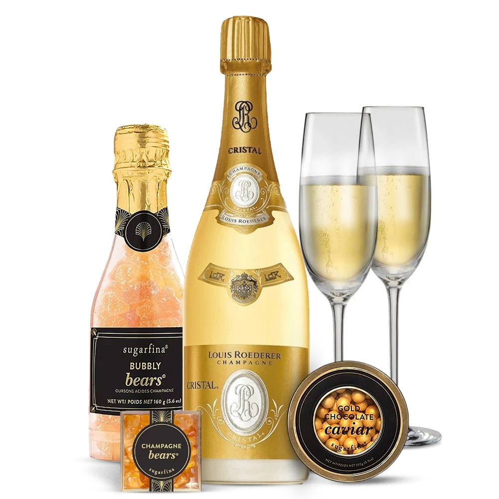Louis Roederer Cristal Champagne and Caviar Gift Set with Customizable Flutes and Sugarfina Caviar Candy Set | Bottle Engraving