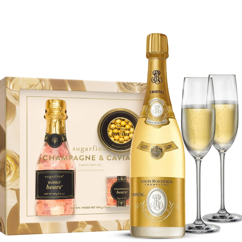 Louis Roederer Cristal Champagne and Caviar Gift Set with Customizable Flutes and Sugarfina Caviar Candy Set | Bottle Engraving