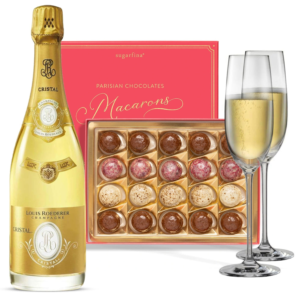 Louis Roederer Cristal and Parisian Macarons Champagne Gift Set with Flute Engraved for Free | Bottle Engraving