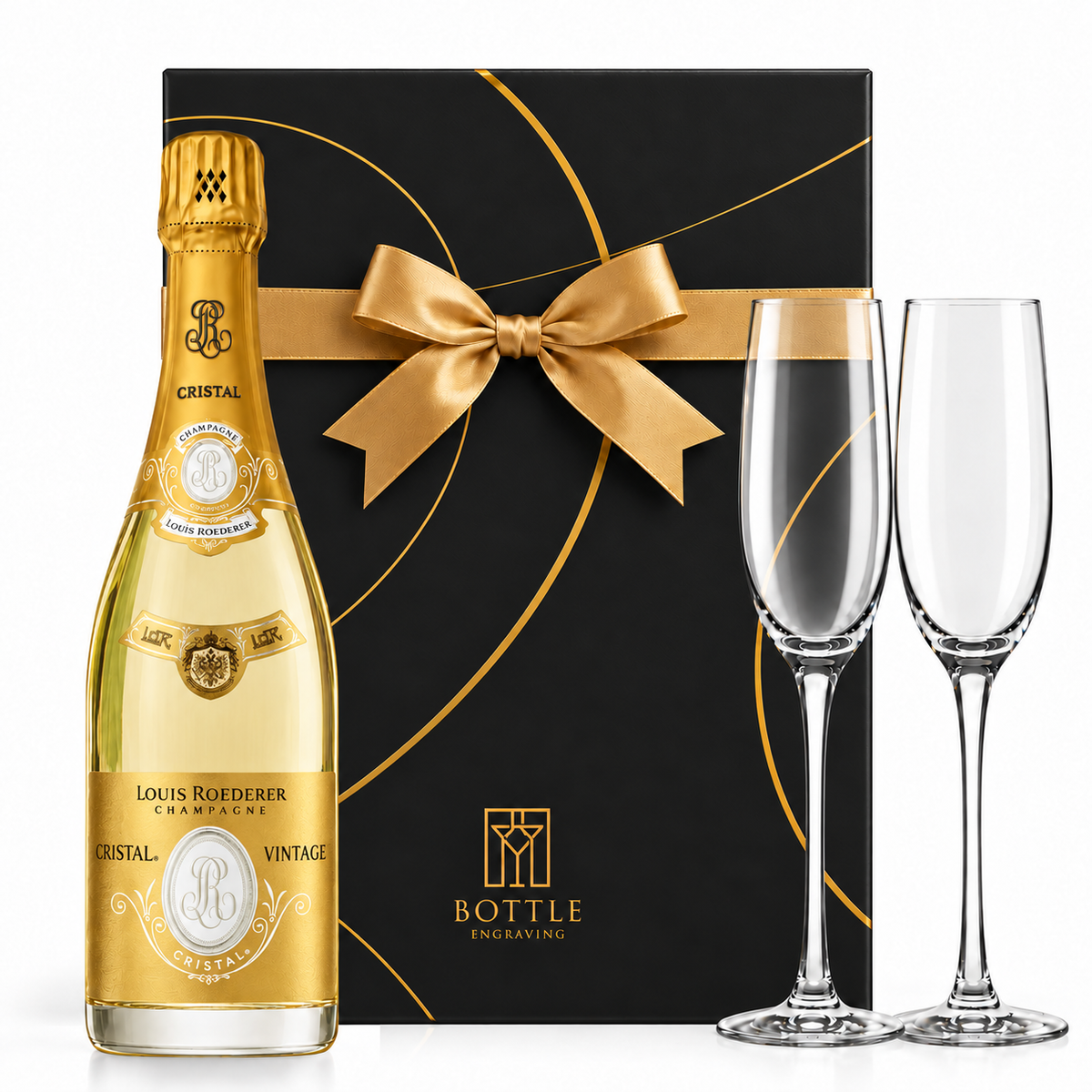 Louis Roederer Cristal Champagne gift set with two champagne flutes and a black Bottle Engraving gift box tied with a gold bow.