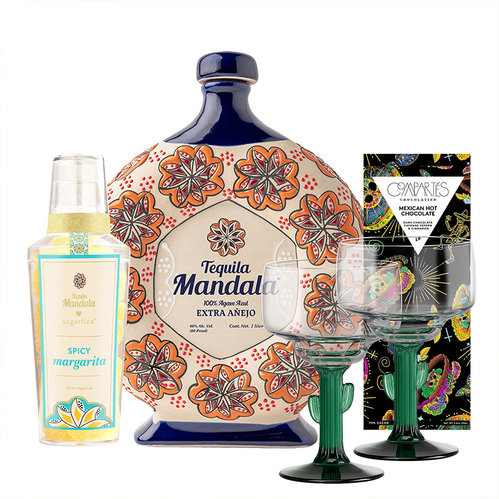 Mandala Extra Anejo & Candies With Customizable Cactus Glasses Gift Set - Bottle Engraving