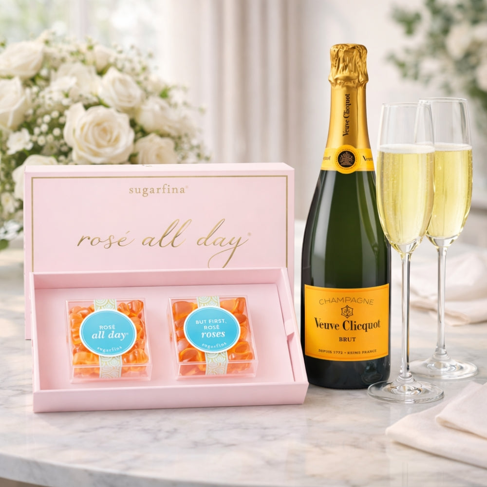 Veuve Clicquot Brut Champagne And Sugarfina Rose All Day Candy Gift Set With Glasses Customized for Free | Bottle Engraving