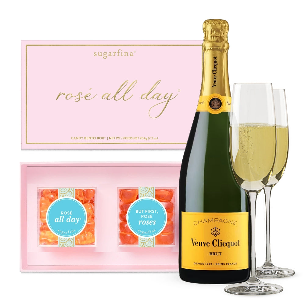 Veuve Clicquot Brut Champagne And Sugarfina Rose All Day Candy Gift Set With Glasses Customized for Free | Bottle Engraving