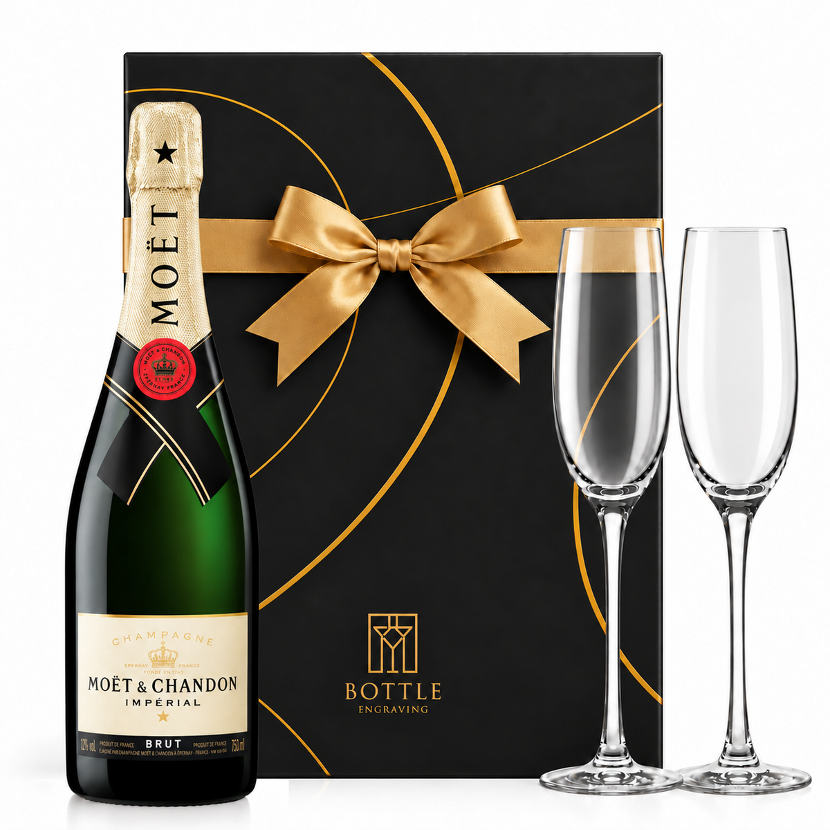 Moët & Chandon Impérial Brut Champagne gift set with two champagne flutes and a black Bottle Engraving gift box tied with a gold bow.