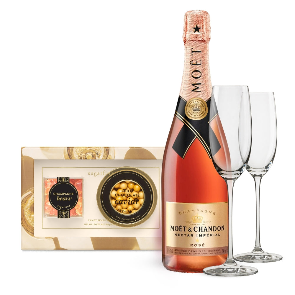 Moët & Chandon Nectar Impérial Rosé Champagne & Sugarfina Candy Gift Set with Champagne Flutes Engraved for Free | Bottle Engraving 