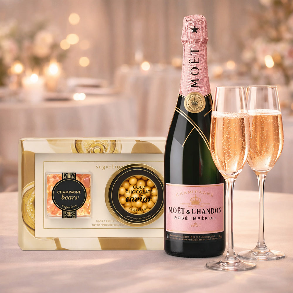 Moët & Chandon Rosé Impérial Champagne & Sugarfina Candy Gift Set with Champagne Flutes Engraved for Free | Bottle Engraving