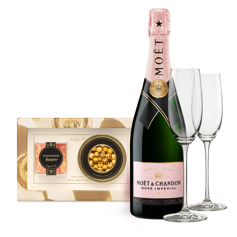 Moët & Chandon Rosé Impérial Champagne & Sugarfina Candy Gift Set with Champagne Flutes Engraved for Free | Bottle Engraving