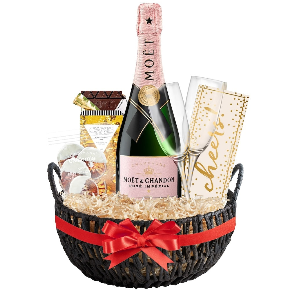 Moët & Chandon Round Champagne Gift Basket with Customizable Flutes and Sweets | Bottle Engraving