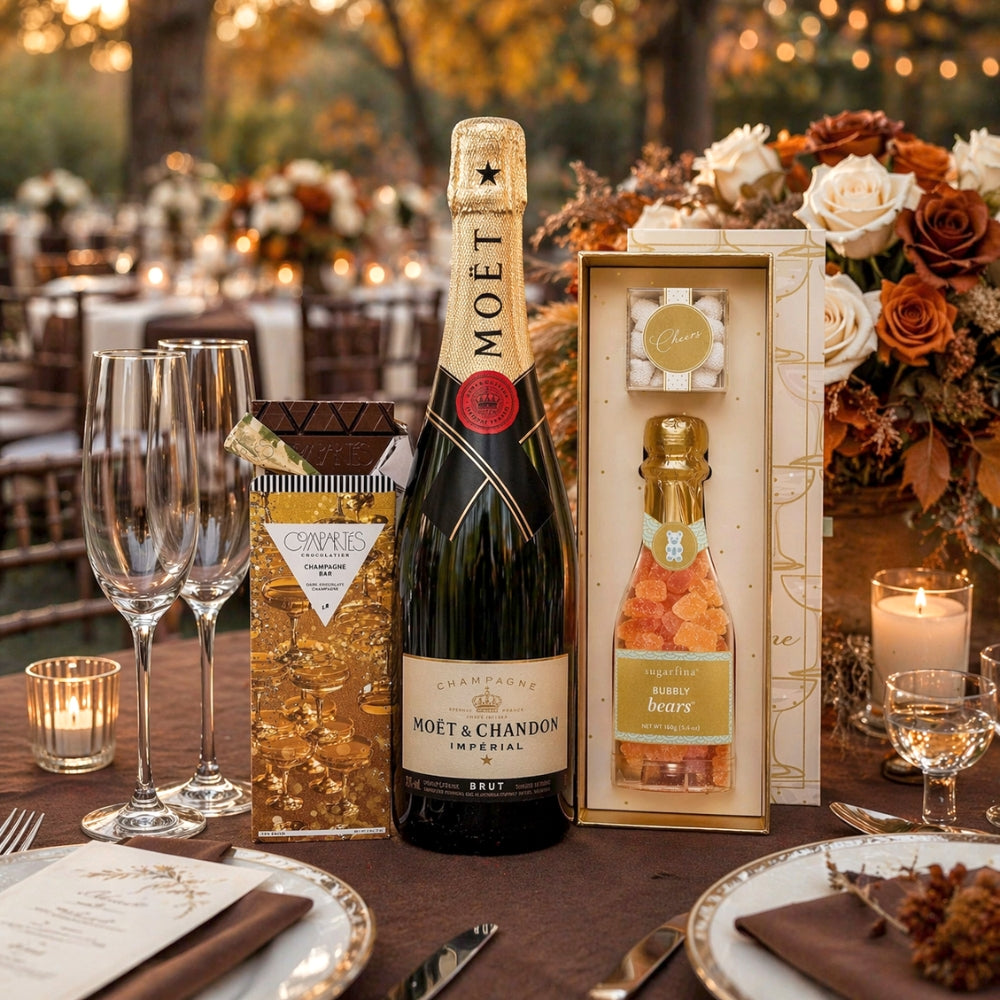 Moet & Chandon Wedding Champagne Gift Set with Sugarfina Candy Chocolate & Engraved Flutes | Bottle Engraving