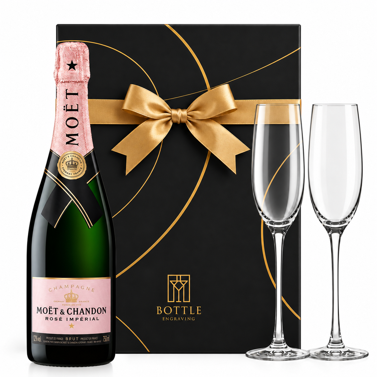 Moët & Chandon Rosé Impérial Champagne gift set with two champagne flutes and a black Bottle Engraving gift box tied with a gold bow.