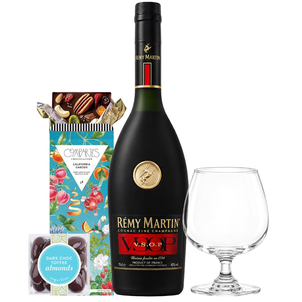 Remy Martin VSOP with Compartes Chocolate, Sniffer Glass and Sugarfina Toffee Almonds Candy Gift Set | Bottle Engraving