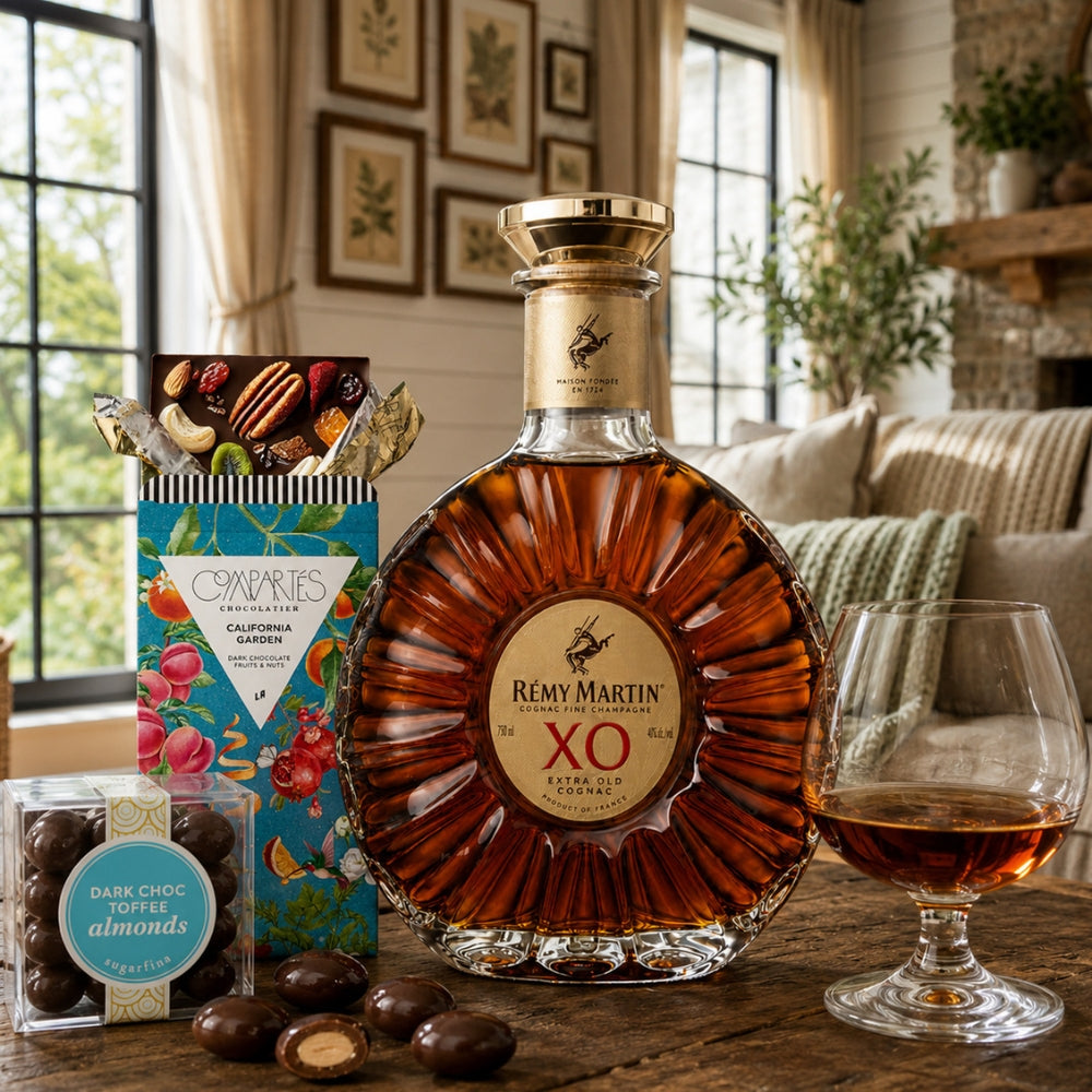 Remy Martin XO with Compartes Chocolate, Sniffer Glass and Sugarfina Toffee Almonds Candy Gift Set | Bottle Engraving