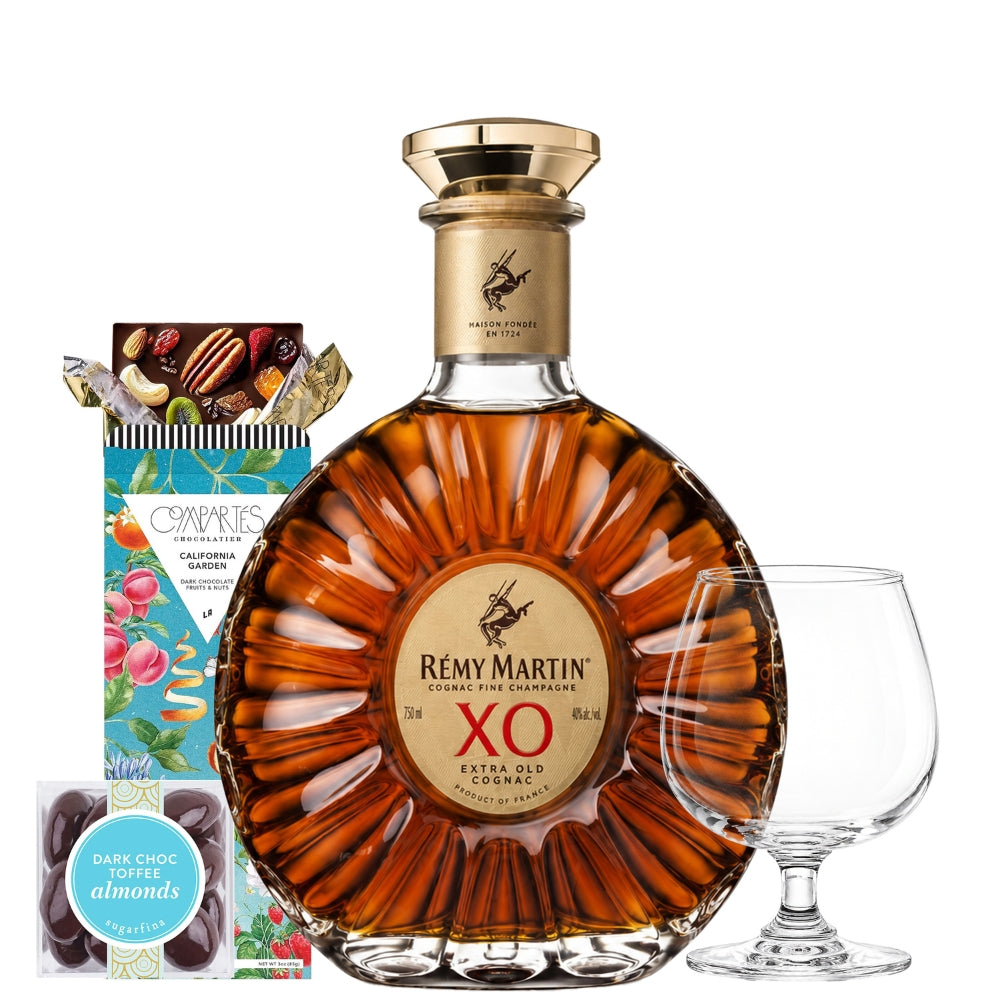 Remy Martin XO with Compartes Chocolate, Sniffer Glass and Sugarfina Toffee Almonds Candy Gift Set | Bottle Engraving