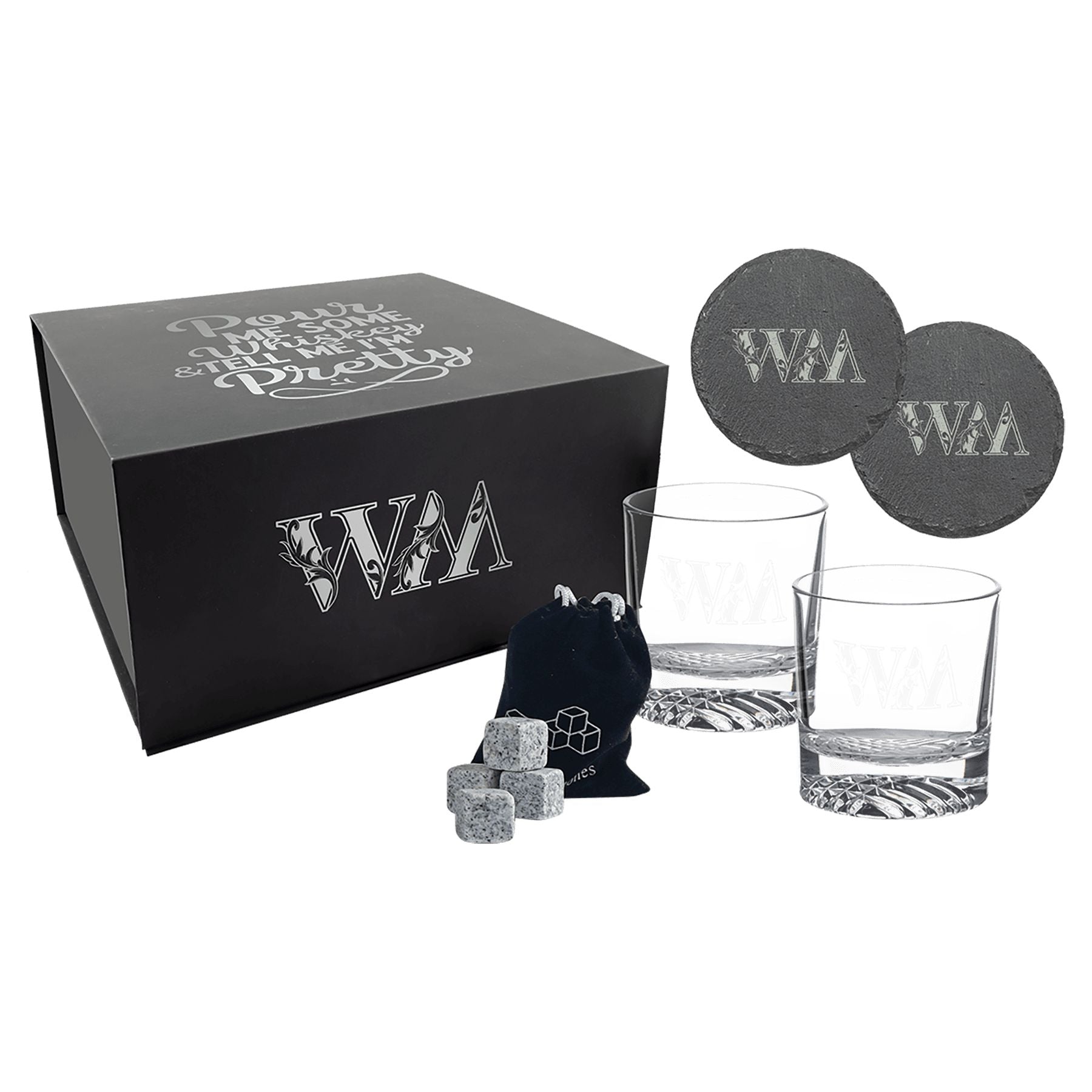 LazerBurst Whiskey GIft Set with Glasses, Slate Coasters, and