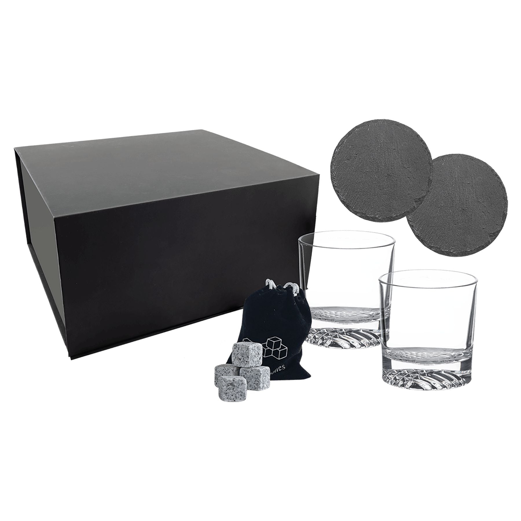 LazerBurst Whiskey GIft Set with Glasses, Slate Coasters, and