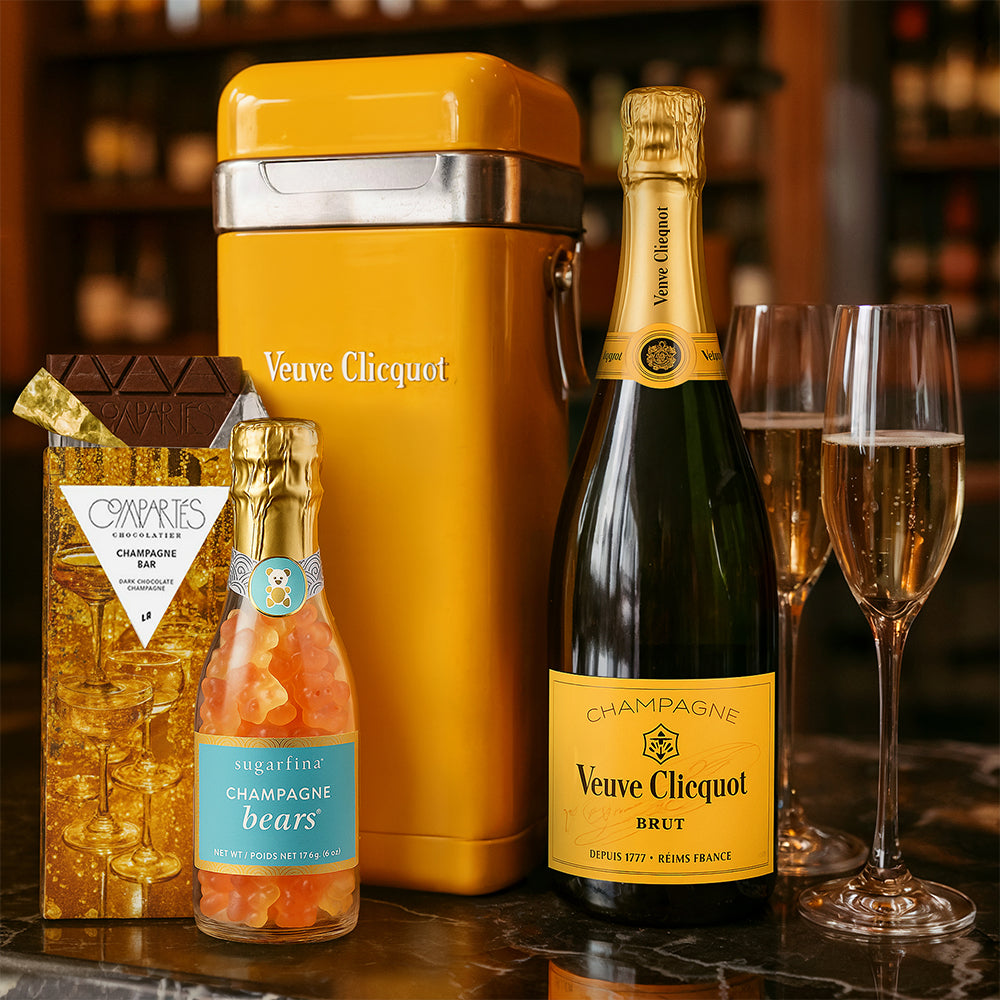 Veuve Clicquot Brut Champagne with Clicquot Cooler Gift Box With Flutes & Candy - Bottle Engraving