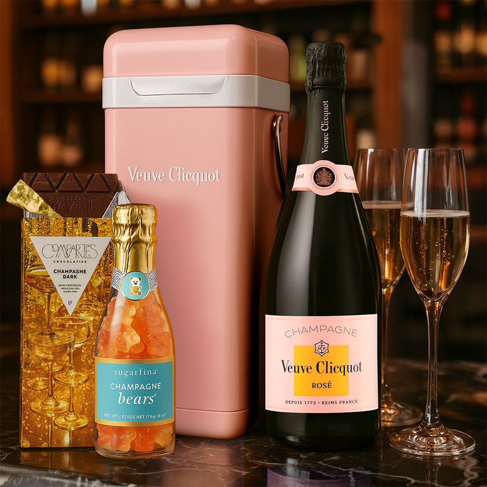 Veuve Clicquot Brut Rose Champagne with Clicquot Cooler Gift Box With Flutes & Candy - Bottle Engraving