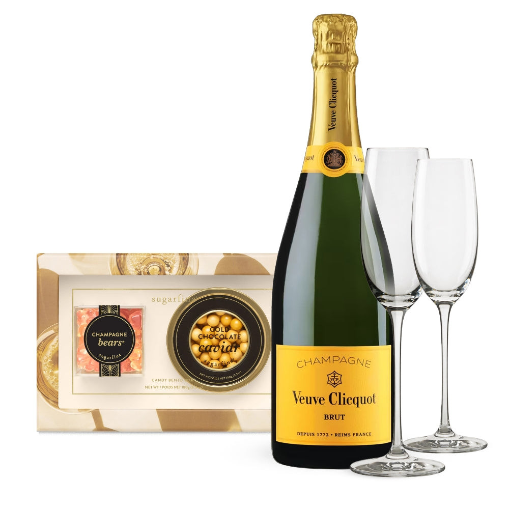 Veuve Clicquot Brut Yellow Label Champagne & Sugarfina Candy Gift Set with Champagne Flutes Engraved for Free | Bottle Engraving