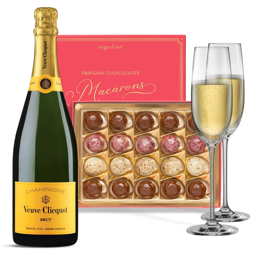 Veuve Clicquot & Parisian Macarons Champagne Gift Set with Champagne Glasses Engraved for Free | Bottle Engraving