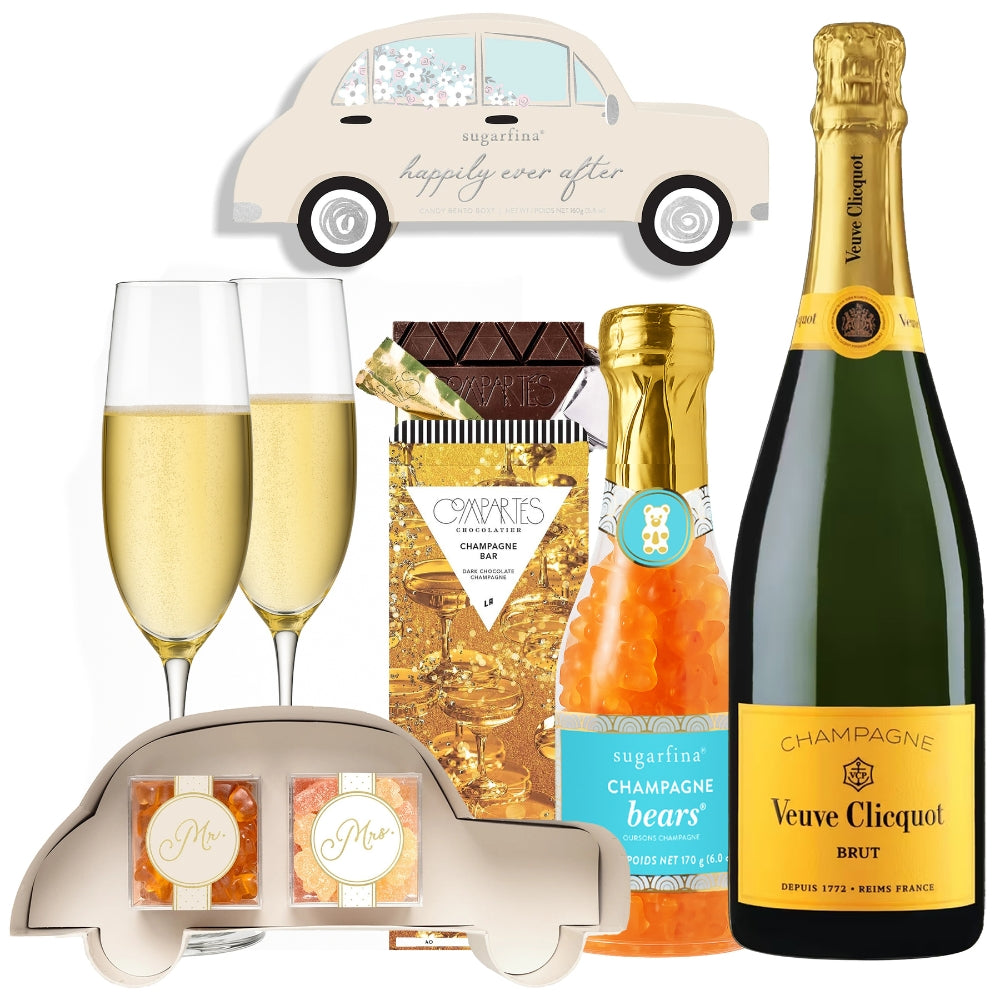 Veuve Clicquot Champagne Wedding Candy Gift Set With Customizable Champagne Flutes | Bottle Engraving