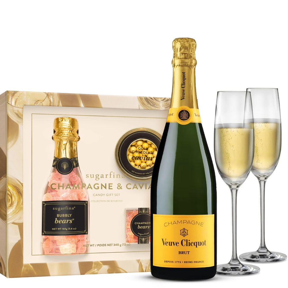 Veuve Clicquot Champagne and Caviar Gift Set with Customizable Flutes and Sugarfina Caviar Candy Set | Bottle Engraving