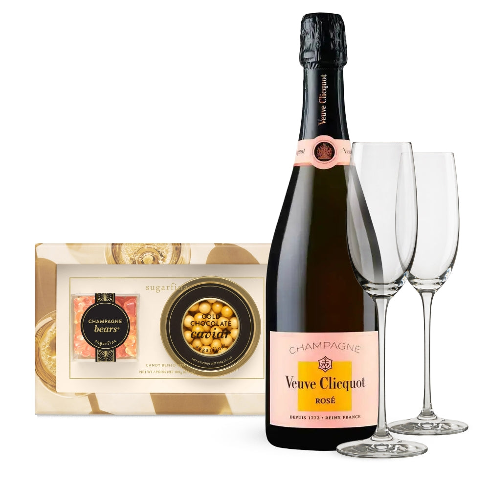 Veuve Clicquot Rosé Champagne & Sugarfina Candy Gift Set with Champagne Flutes Engraved for Free | Bottle Engraving