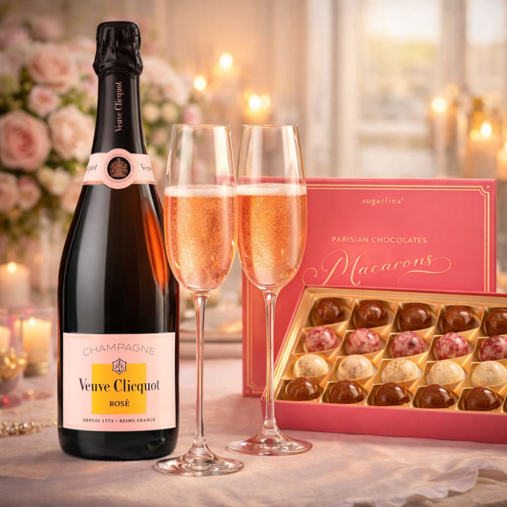 Veuve Clicquot & Parisian Macarons Champagne Gift Set with Champagne Glasses Engraved for Free | Bottle Engraving