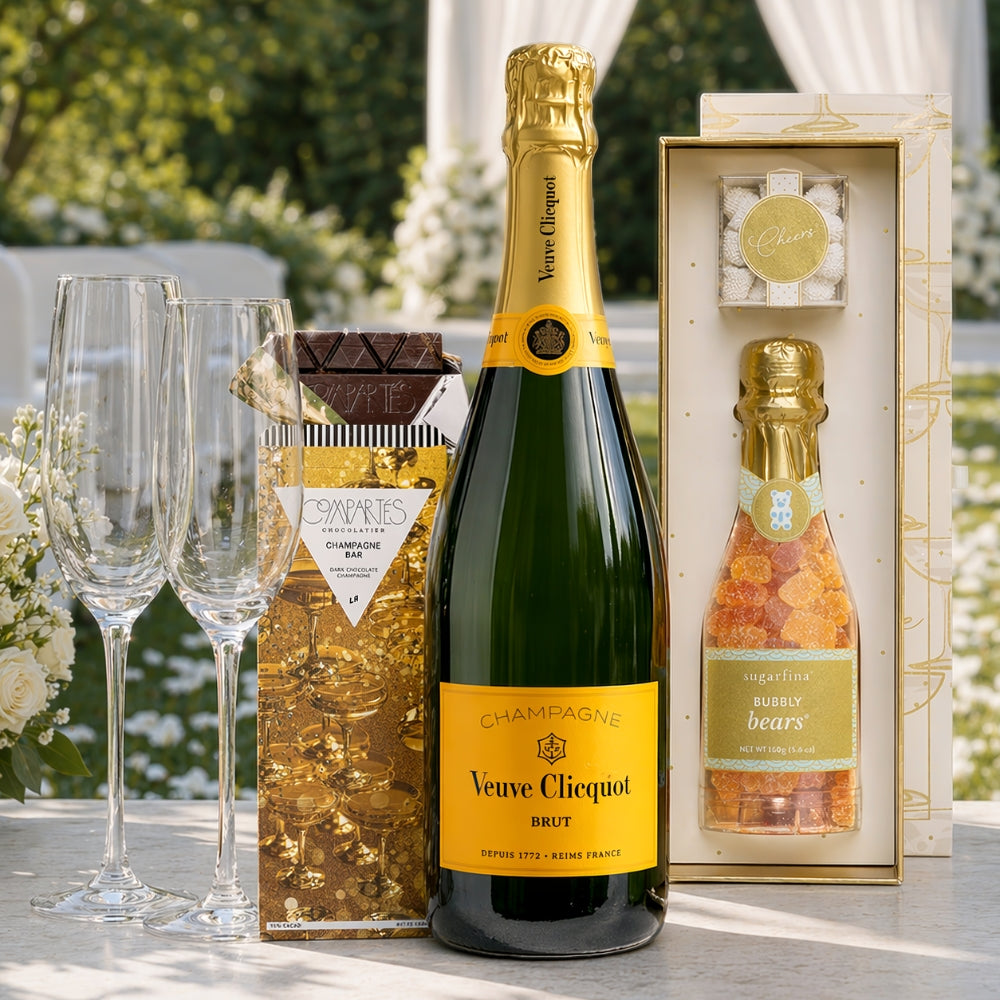 Veuve Clicquot Wedding Champagne Gift Set with Sugarfina Candy Chocolate & Engraved Flutes | Bottle Engraving
