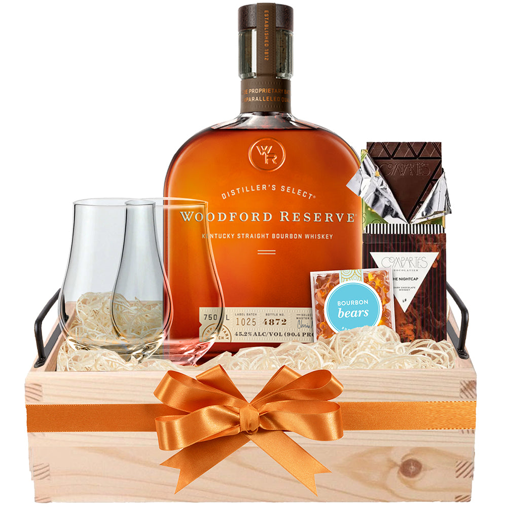 Woodford Reserve Whiskey Basket with Glencairn Glasses - Bottle Engraving