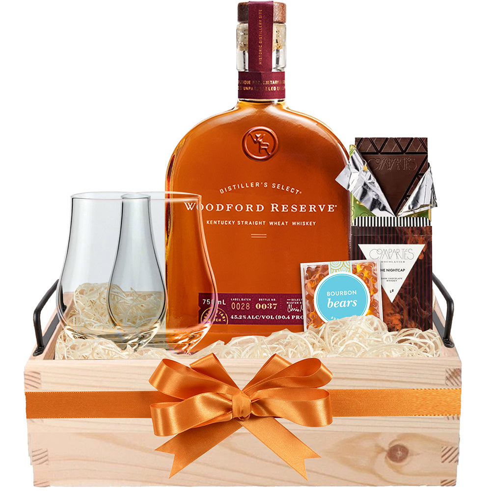 Woodford Reserve Whiskey Basket with Glencairn Glasses - Bottle Engraving
