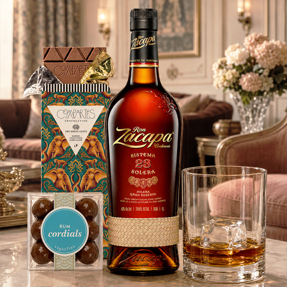 Zacapa Solera 23 with Compartes Chocolate, Rocks Glass and Sugarfina Candy Rum Gift Set | Bottle Engraving