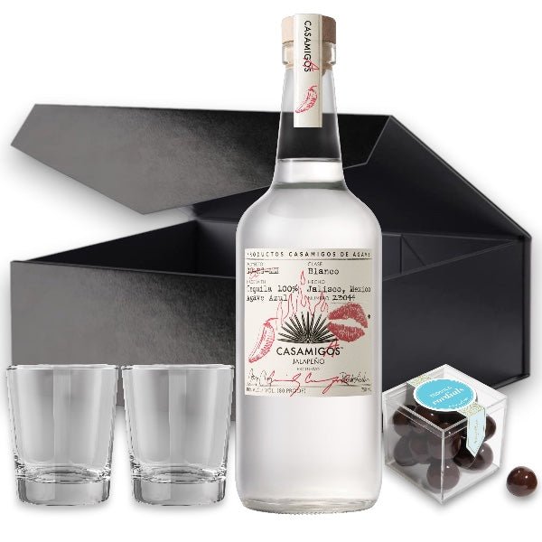 Casamigos Choice of Tequila or Mezcal, Shot Glasses and Candy Gift Set - Bottle Engraving