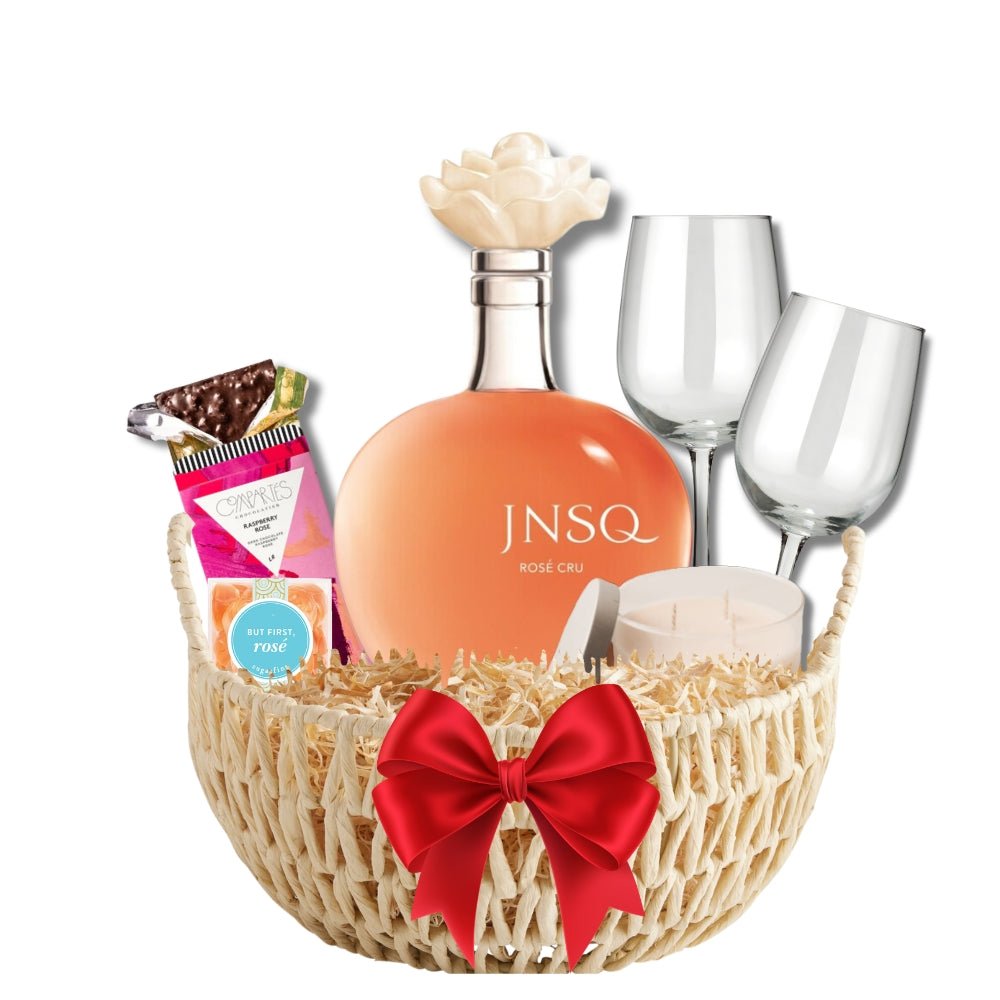JNSQ Rose Cru Candle, Candy, Chocolate, and Glasses Gift Basket - Bottle Engraving