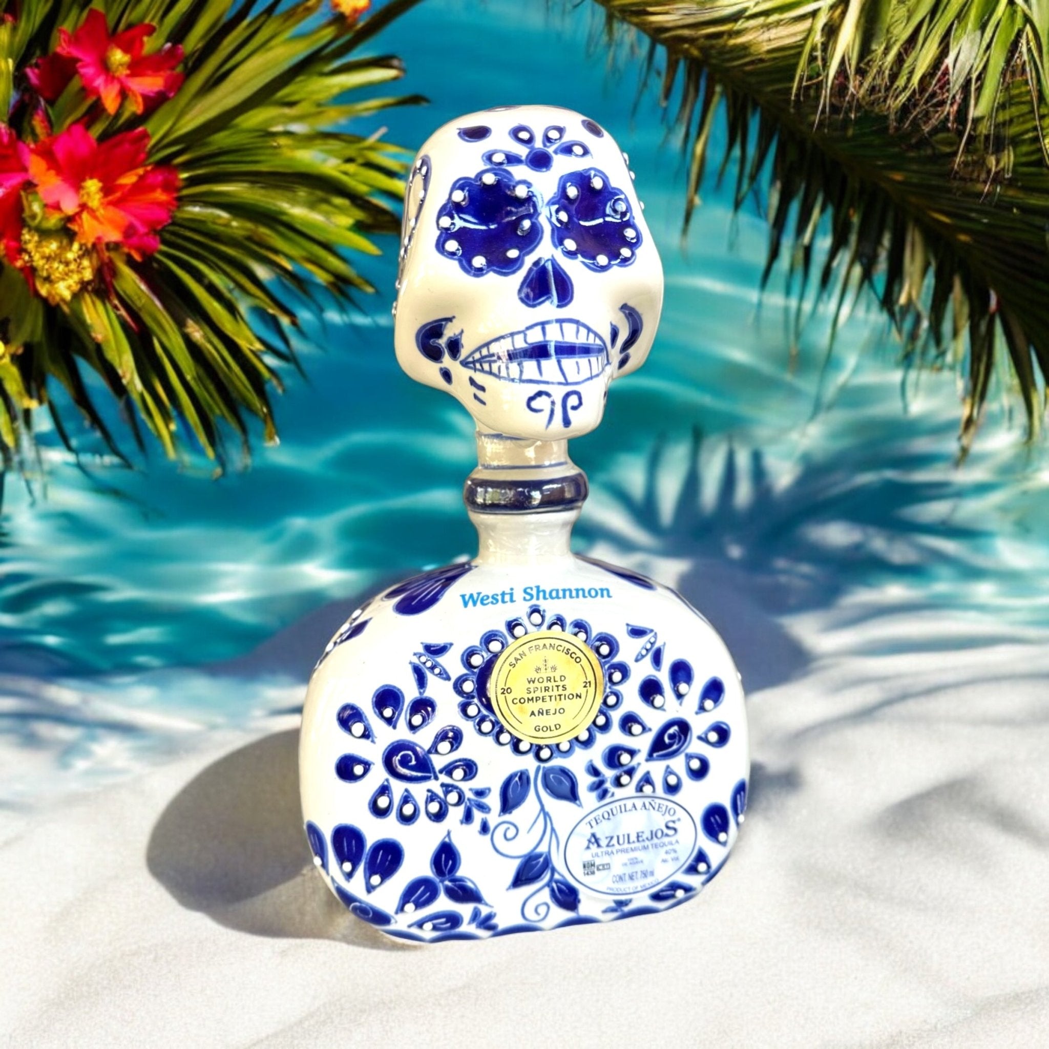 Los Azulejos Skelly Talavera Head Anejo Tequila - Bottle Engraving