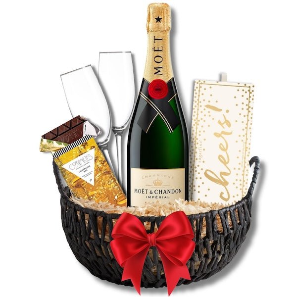 Moët & Chandon Champagne Gift Basket with Customizable Flutes and Sweets - Bottle Engraving