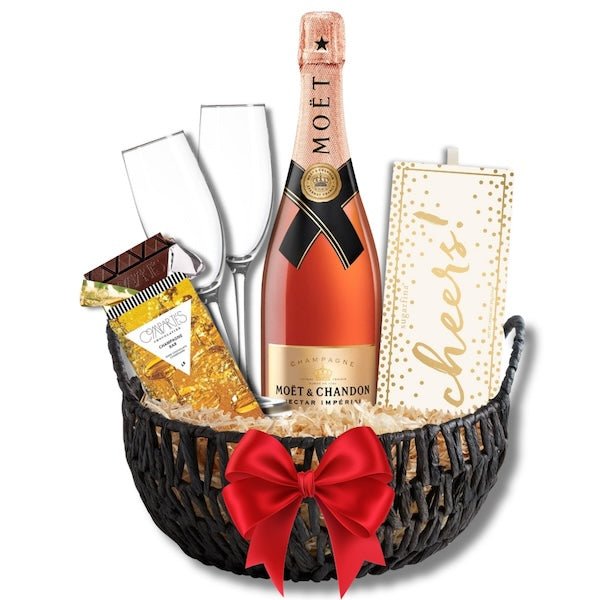 Moët & Chandon Champagne Gift Basket with Customizable Flutes and Sweets - Bottle Engraving