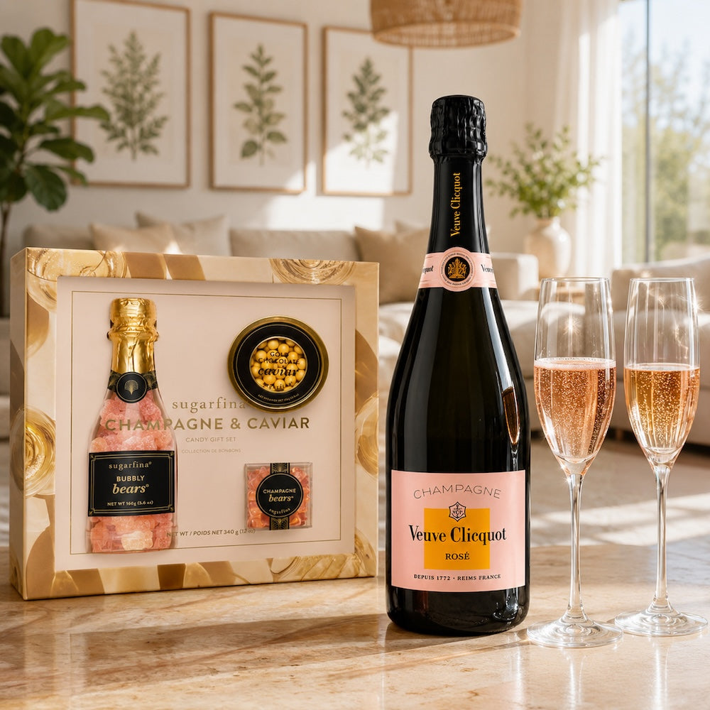 Veuve Clicquot Rose Champagne Gift Set with Flutes and Caviar