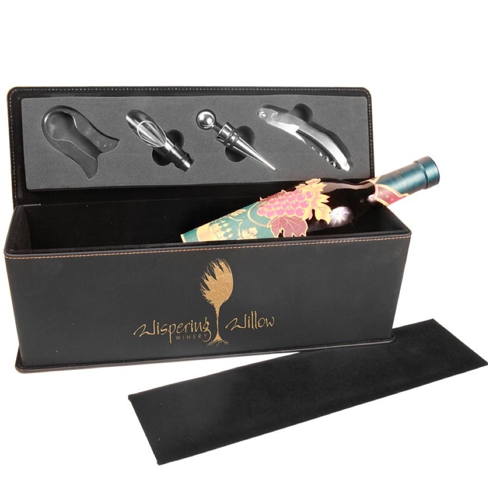 Black/Gold Engravable Leatherette Single Wine Box with Tools - Bottle Engraving