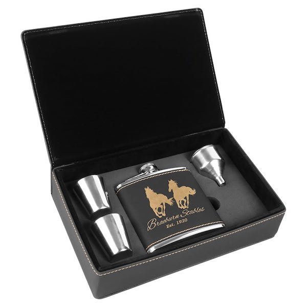 Black/Gold Personalized Leatherette Flask Gift Set - Bottle Engraving