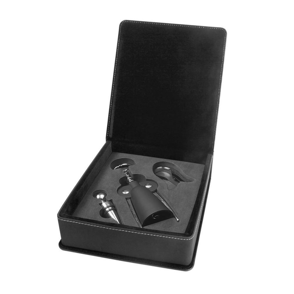 Black/Silver Engravable Leatherette 3-Piece Wine Tool Gift Set - Bottle Engraving