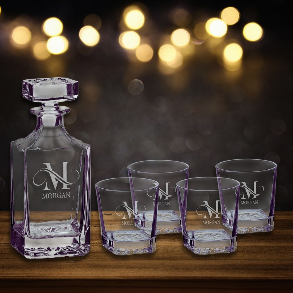 Customizable Square Glass Decanter Set with Four Glasses - Bottle Engraving