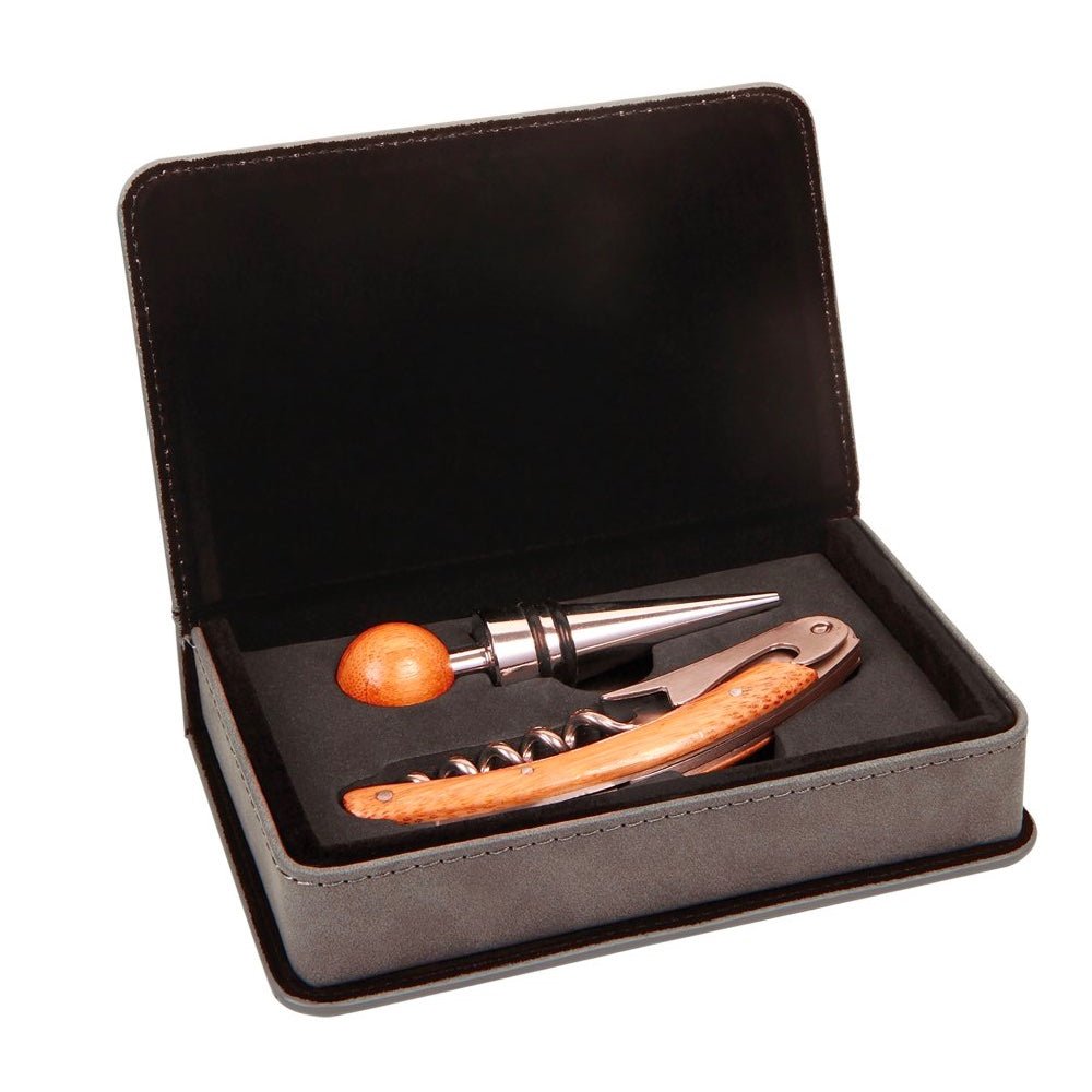 Gray Engravable Leatherette 2-Piece Wine Tool Gift Set - Bottle Engraving