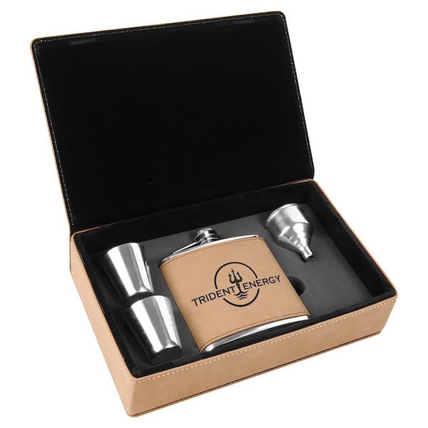Light Brown Personalized Leatherette Flask Gift Set - Bottle Engraving