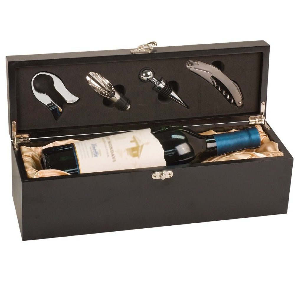 Matte Black Finish Single Wine Gift Box with Tools - Bottle Engraving