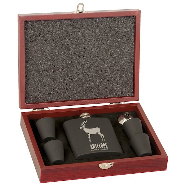 Matte Black Personalized Stainless Steel Flask Set in Wood Presentation Box - Bottle Engraving