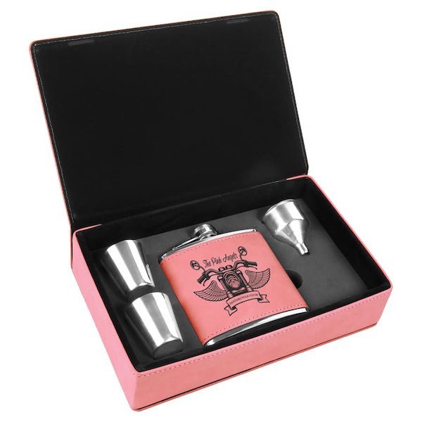 Pink Personalized Leatherette Flask Gift Set - Bottle Engraving