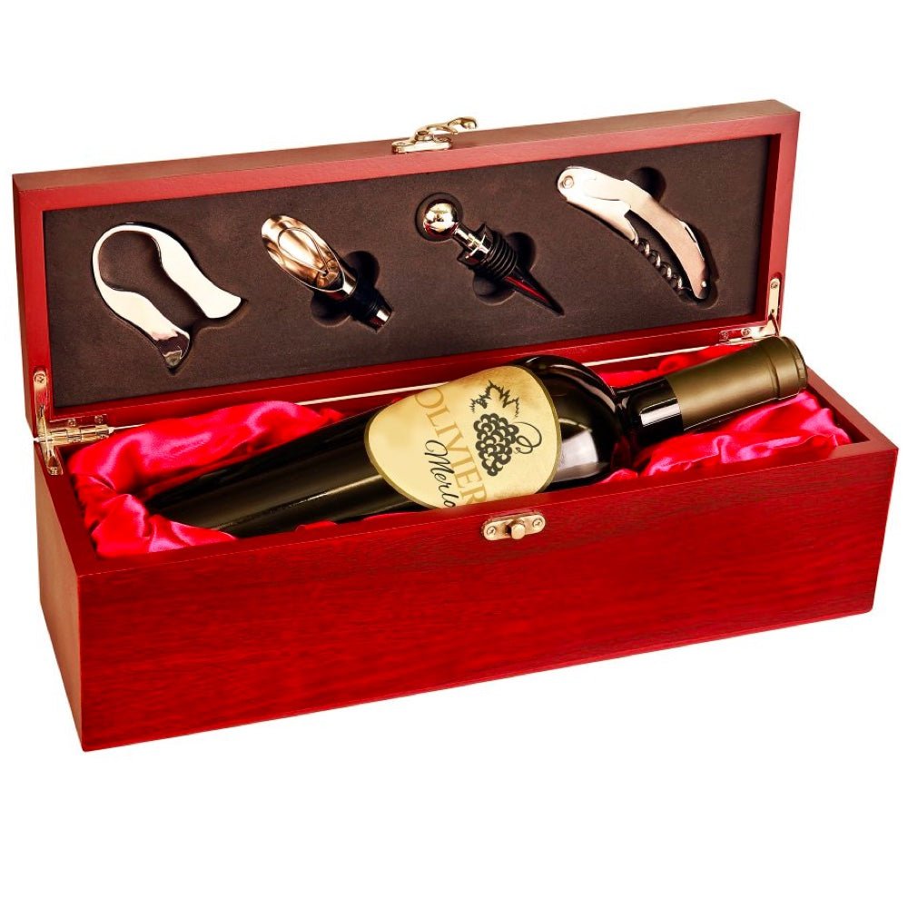 Rosewood Finish Single Wine GIft Box with Tools - Bottle Engraving