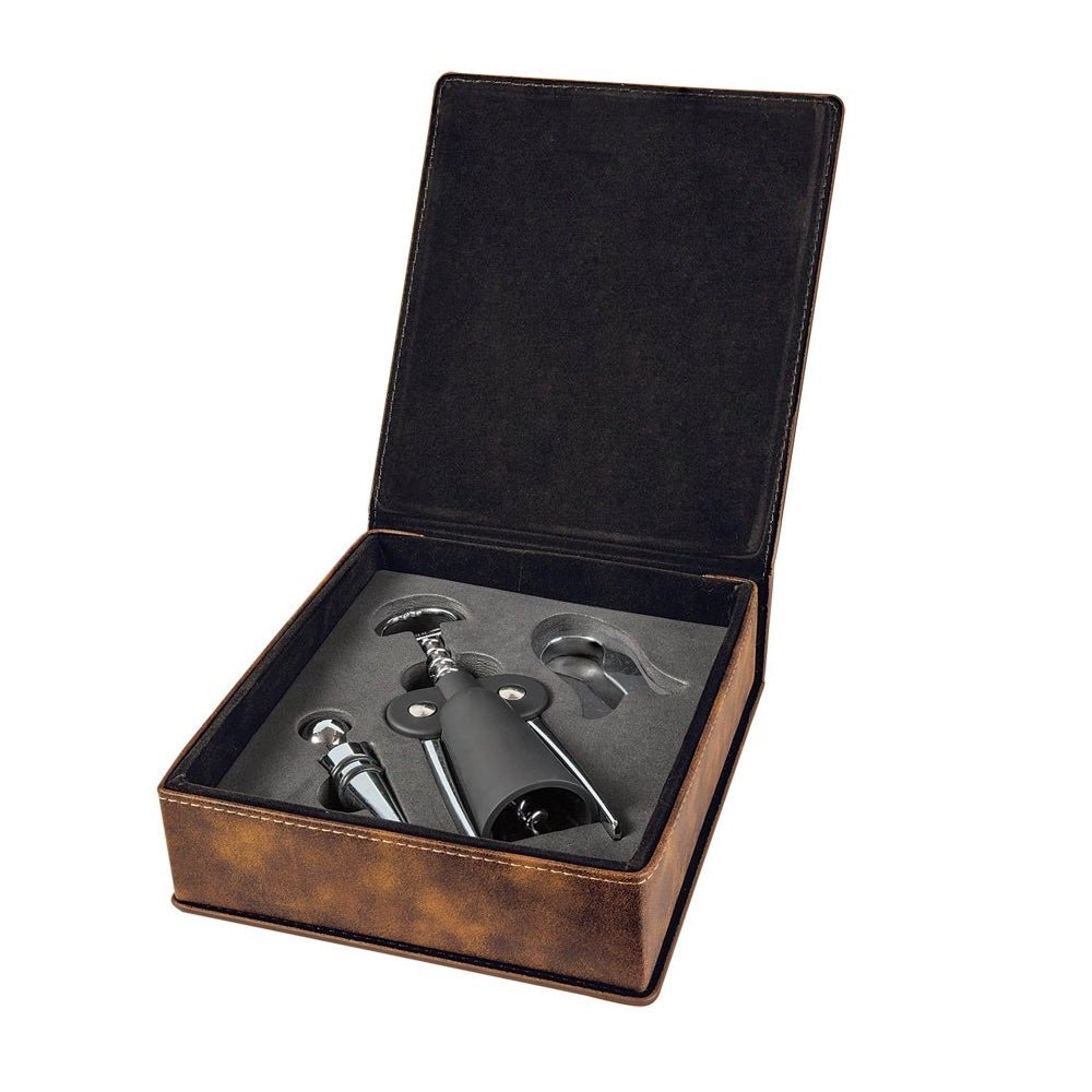 Rustic/Gold Engravable Leatherette 3-Piece Wine Tool Gift Set - Bottle Engraving