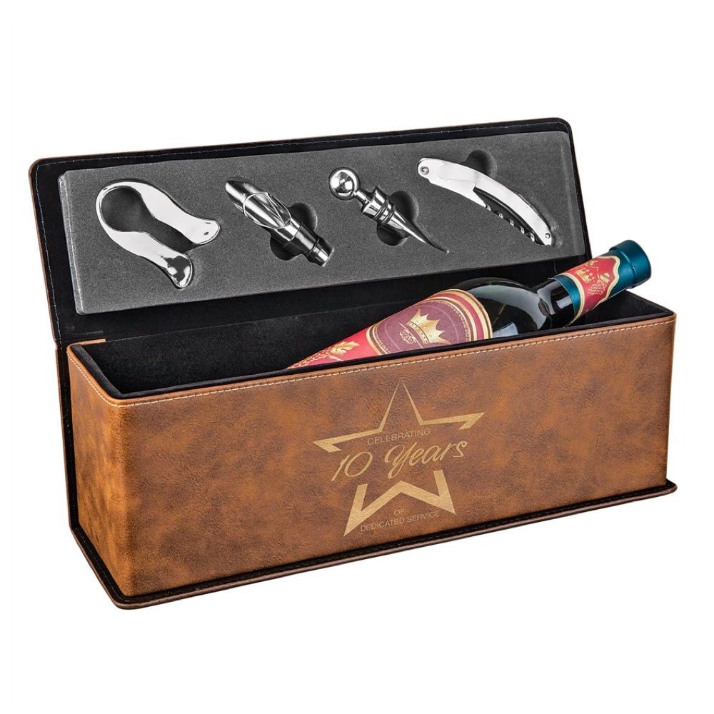 Rustic/Gold Engravable Leatherette Single Wine Box with Tools - Bottle Engraving